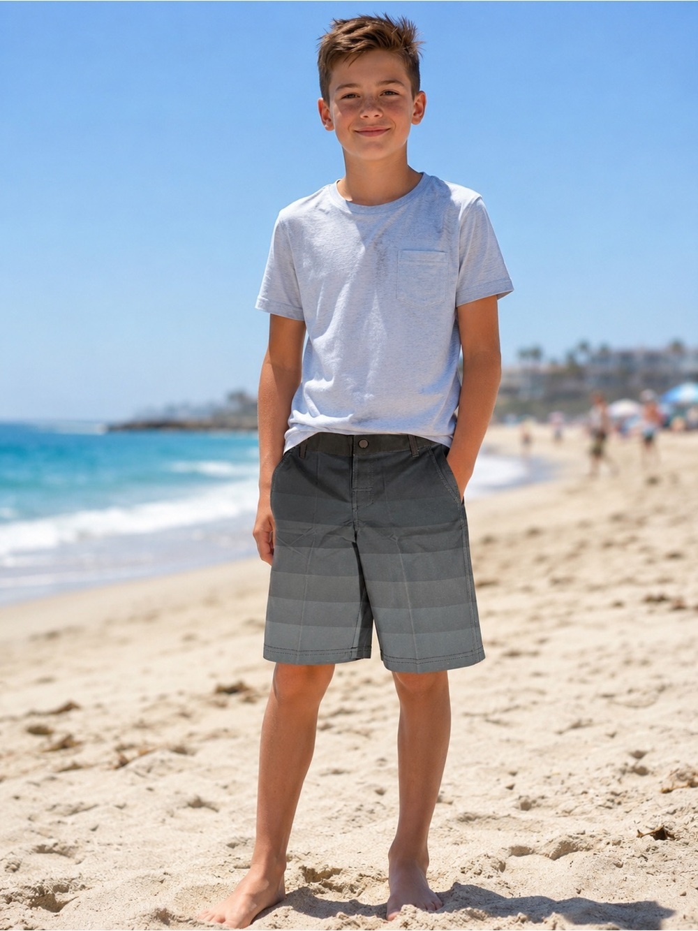 UPF 50+ Protection-art class Gray Striped Boys Board Shorts -10w-  husky